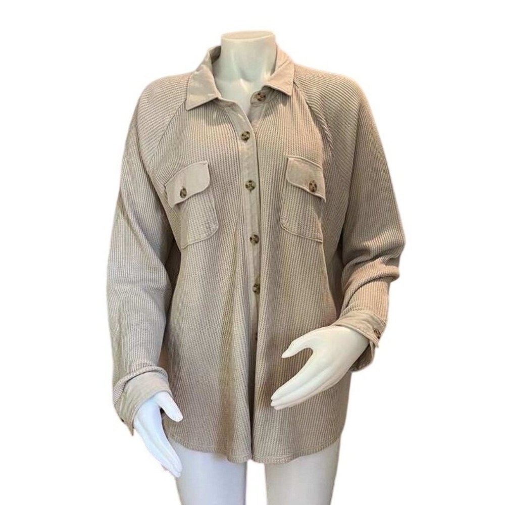 J. Jill NEW‎ Large Waffle Knit Button Down Shacket 100% Cotton Tan Utility Shirt